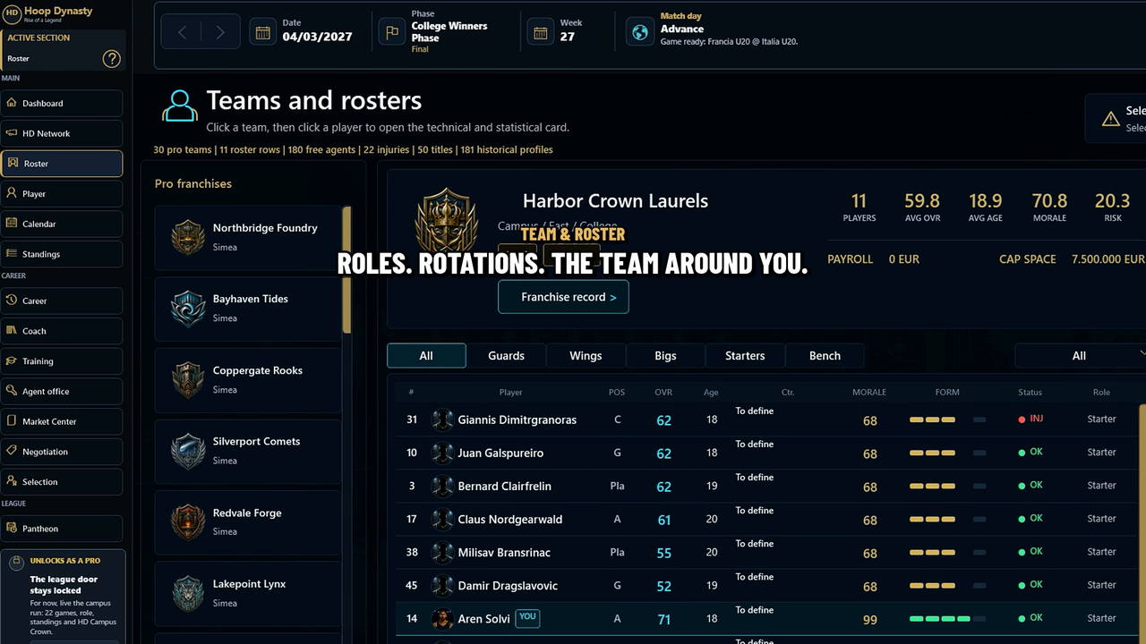 Hoop Dynasty gameplay overview showing the player career interface